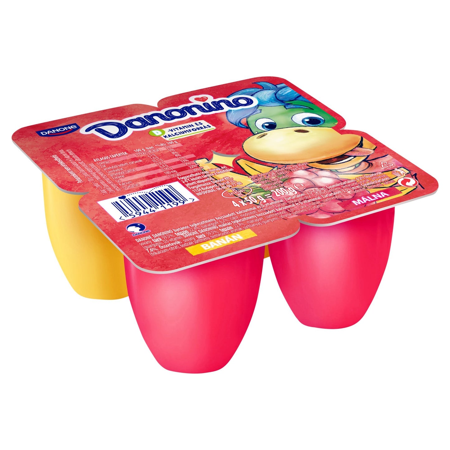 Danone Danonino banános és málnás tejtermék hozzáadott kalciummal és D-vitaminnal (4x50g)